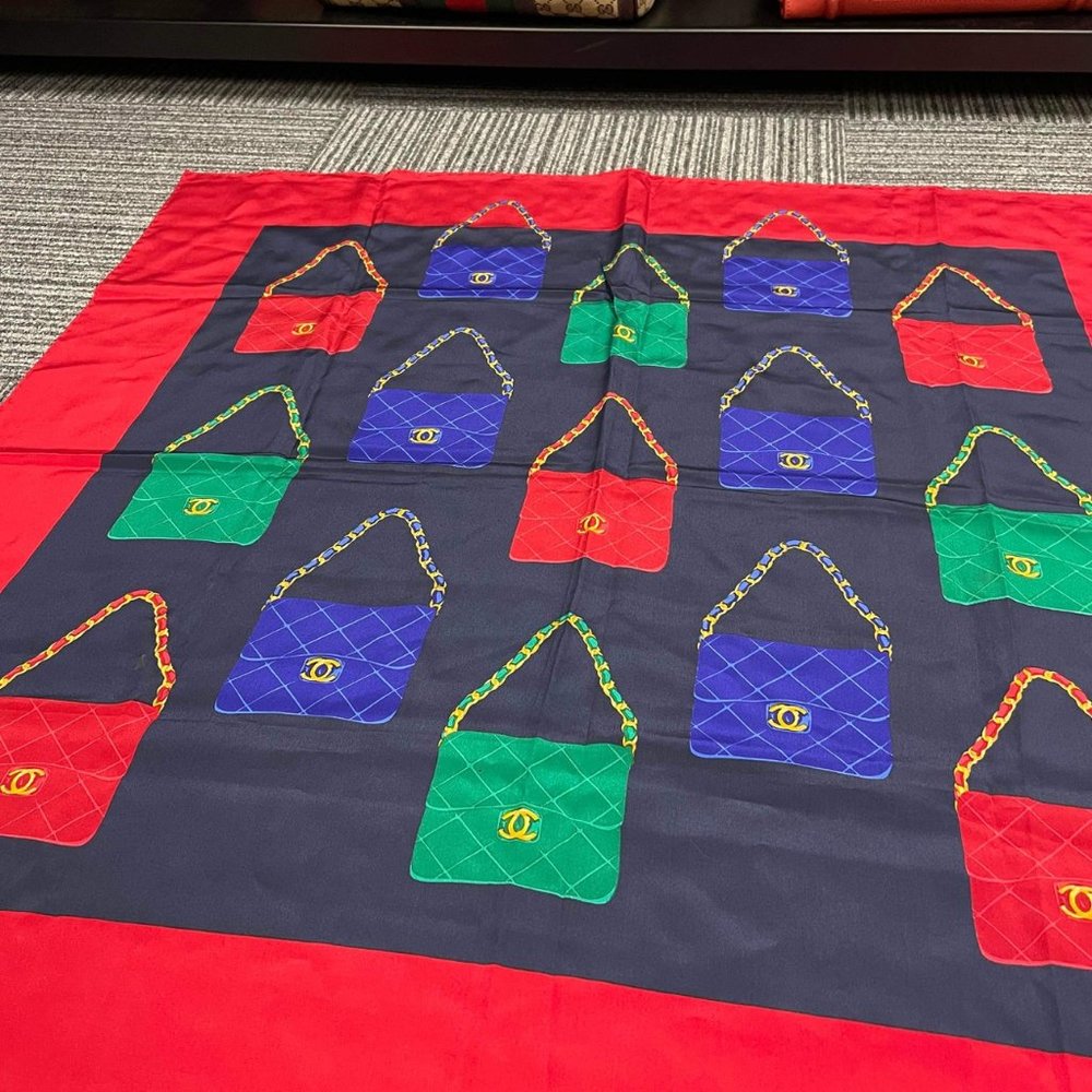 Chanel Blue & Red Silk Bag Print Scarf - Picture 4 of 9